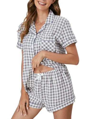 Verdusa Women's 2 Piece Pajama Sets Plaid PJ Set Short Sleeve Button Down Shirt and Shorts Lounge Sets Sleepwear Black White Medium | Amazon (US)