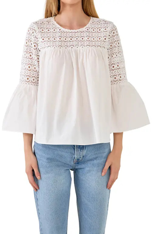 Endless Rose Bell Sleeve Lace Poplin Blouse in White at Nordstrom, Size X-Small | Nordstrom