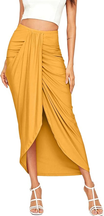 SheIn Women's Casual Slit Wrap Asymmetrical Elastic High Waist Maxi Draped Skirt | Amazon (US)