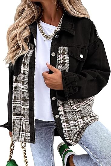 SHEWIN Women's Denim Jacket Long Sleeve Plaid Button Down Shirts Shacket Jacket | Amazon (US)