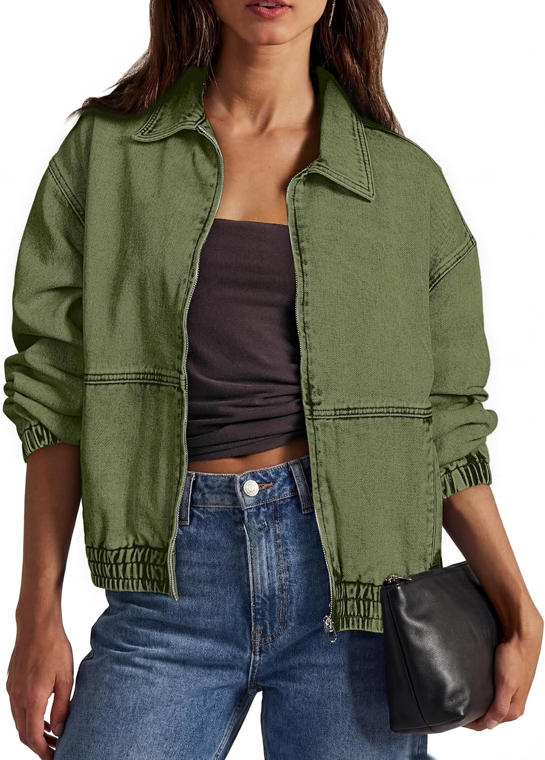 Glamaker Womens Oversized Denim Jacket Trendy Casual Zip Up Long Sleeve Loose Fit Jean Jackets Outfits Outerwear | Amazon (US)