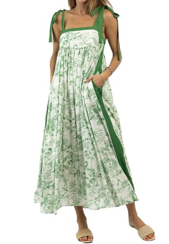 Women Tie Shoulder Boho Maxi Dress Floral Flowy A Line Long Sundress Summer Y2k Smocked Bohemian Midi Dresses(Green,Small) | Amazon (US)