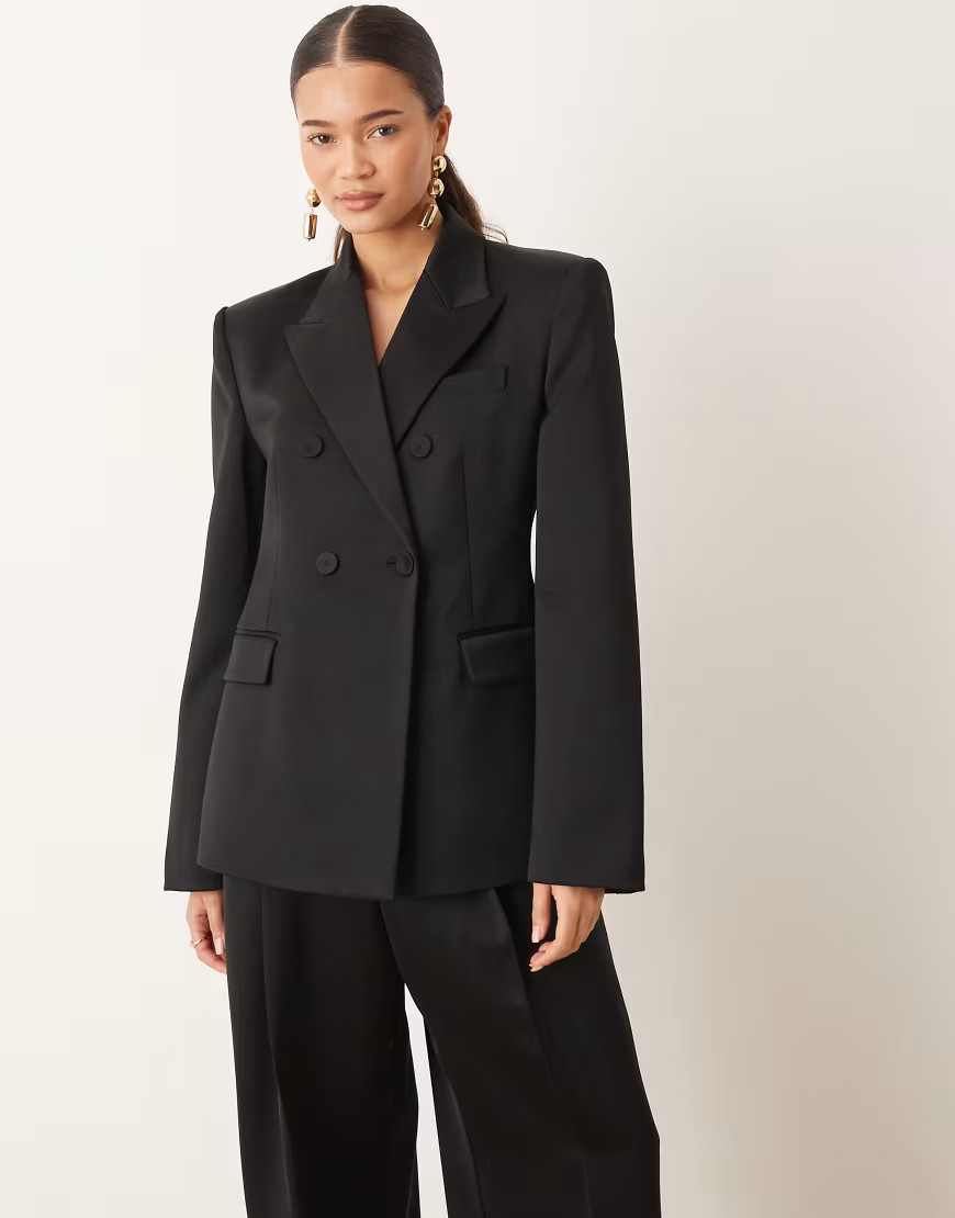 Mango Gilda satin look tailored blazer co-ord in black | ASOS (Global)