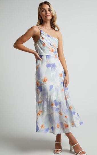 Alyssia Midi Dress - One Shoulder Ruched Satin Dress in Blue Floral | Showpo (US, UK & Europe)