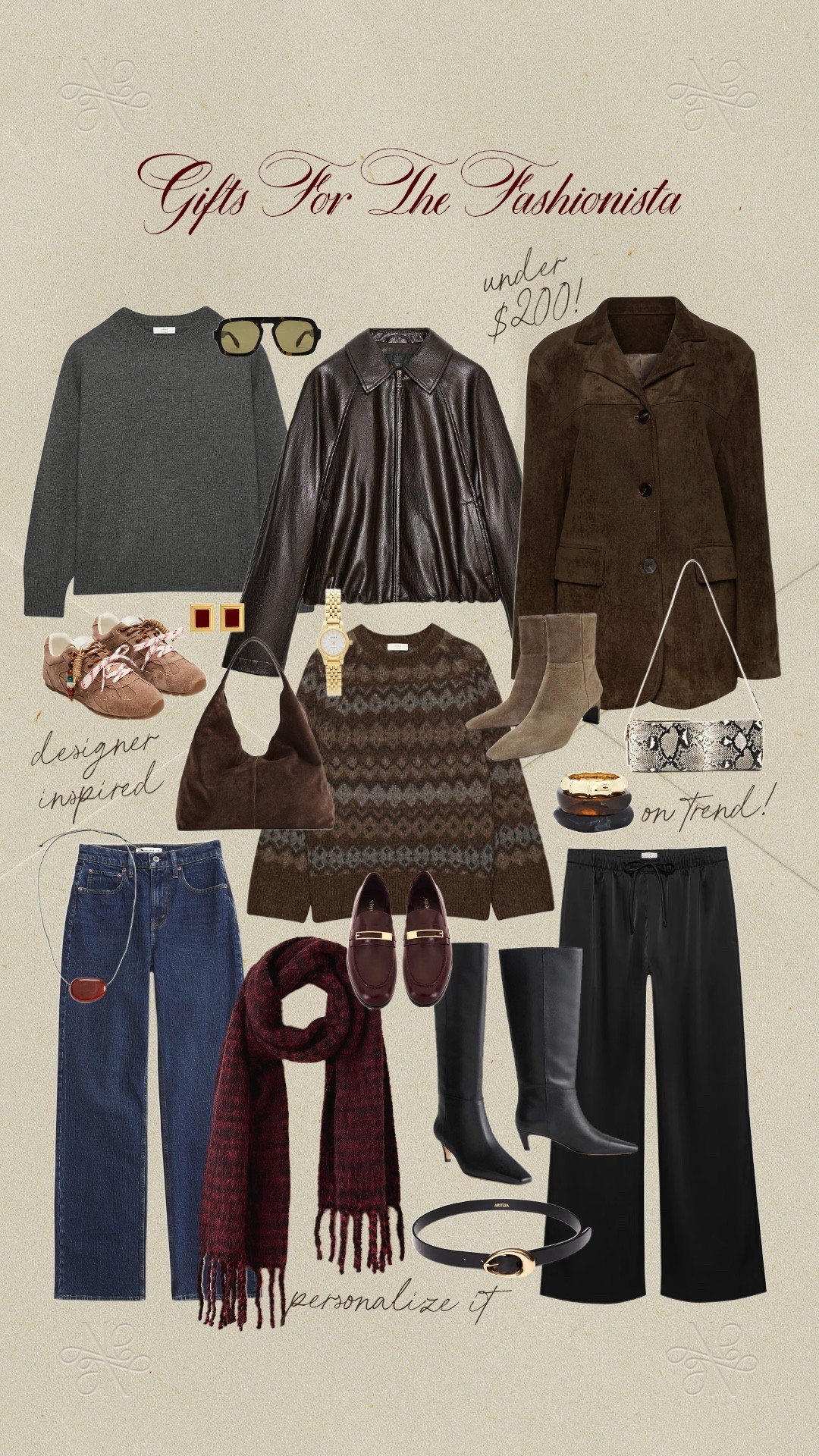 Gift guide for the fashionista! 🎁 Gift ideas for her Gift guide for her Fashion gifts Knee high boots Jeans Denim Leather jacket

#LTKHoliday #LTKGiftGuide #LTKFindsUnder100