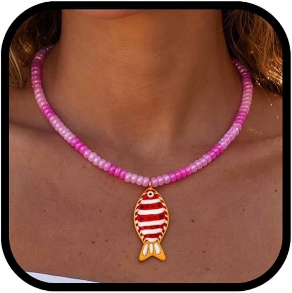 Colorful Crystal Beaded Fish Pendant Necklace, Boho Chunky Acrylic Marine Animal Charm, Long Chai... | Amazon (US)