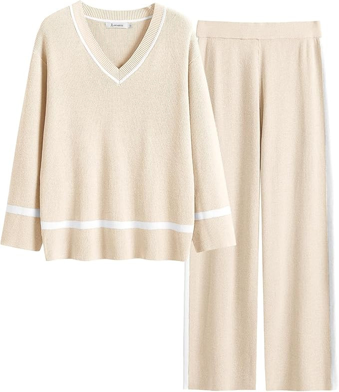 ANRABESS Women's 2 Piece Outfits Long Sleeve V Neck Knit Sweater Top and Wide Leg Pants Lounge Se... | Amazon (US)
