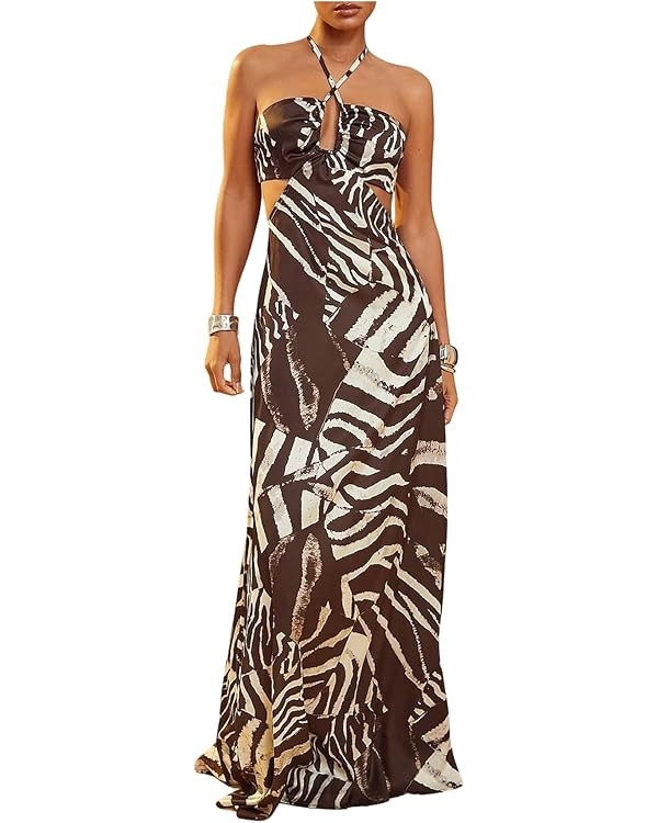 Verdusa Women's Cut Out Ruched Halter Dress Zebra Striped Backless Sleeveless Flowy Dresses | Amazon (US)