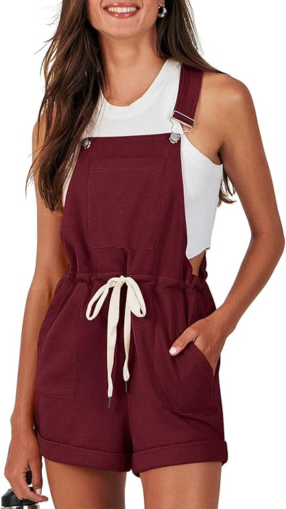 ANRABESS Women's Casual Straps Short Bib Overalls Basic Sleeveless Drawstring Romper Jumpsuits | Amazon (US)