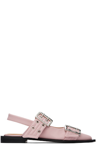 GANNI - Pink Feminine Buckle Ballerina Flats | SSENSE