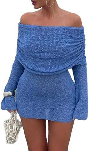 Unybwonn Women's Off Shoulder Mini Short Dress Bodycon Long Sleeve Crochet Sexy Going Out Mesh El... | Amazon (US)