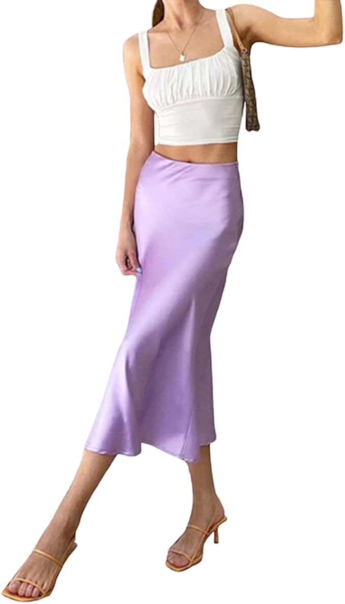 Women High Waist Midi Skirts A-line Fishtail Silky Satin Skirt Vintage Y2K Harajuku Elegant Penci... | Amazon (US)