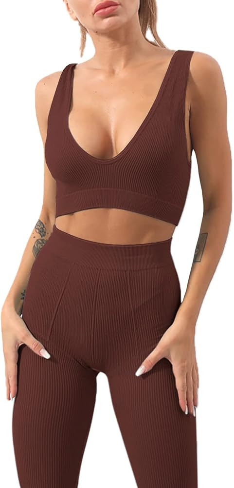 Workout Sets for Women, Seamless Crop Tops Leggings Matching 2 Pieces Outfits, Sexy Two Piece Yoga W | Amazon (US)