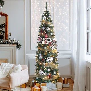 VEIKOUS 6.5FT/7.5FT Slim Pencil Christmas Tree Snow Flocked/Artificial Pre-lit with Lights and Me... | Bed Bath & Beyond