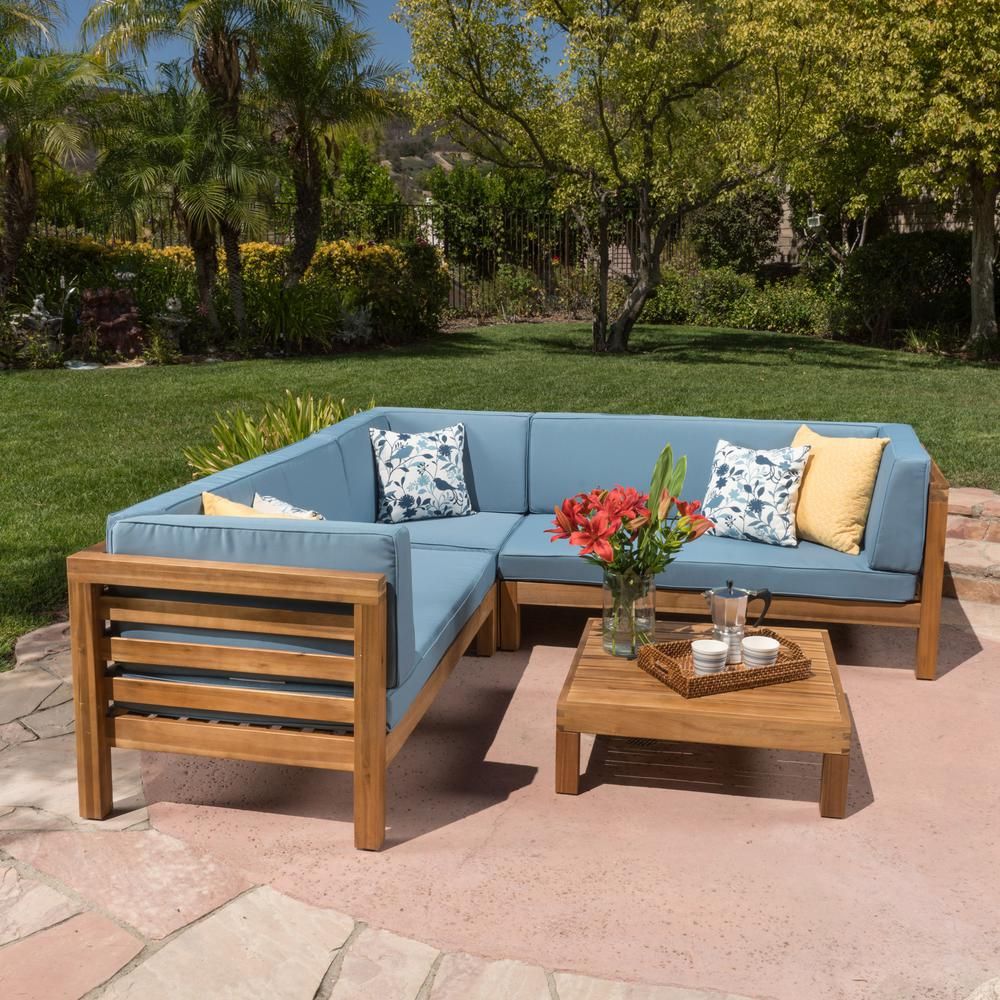Noble House Oana Teak Finish 4-Piece Wood Outdoor Sectional Set with Blue Cushions | The Home Depot