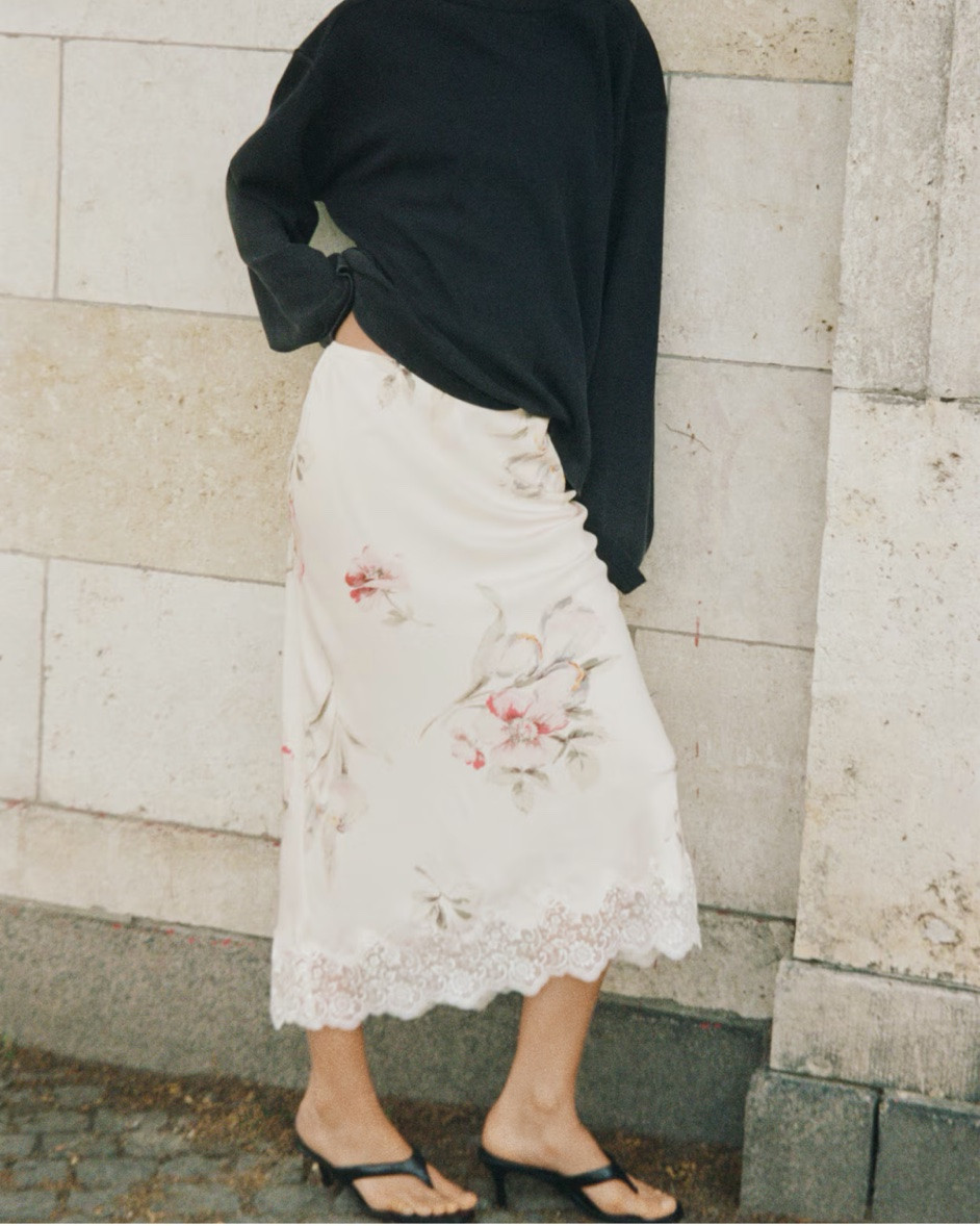 Floral lace trim satin midi skirt

#LTKSeasonal