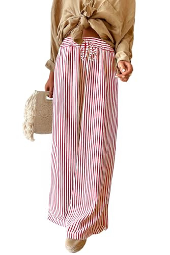Acelitt Women Casual Drawstring Elastic Waist Striped Wide Leg Pants with Pockets, S-XXL | Amazon (US)
