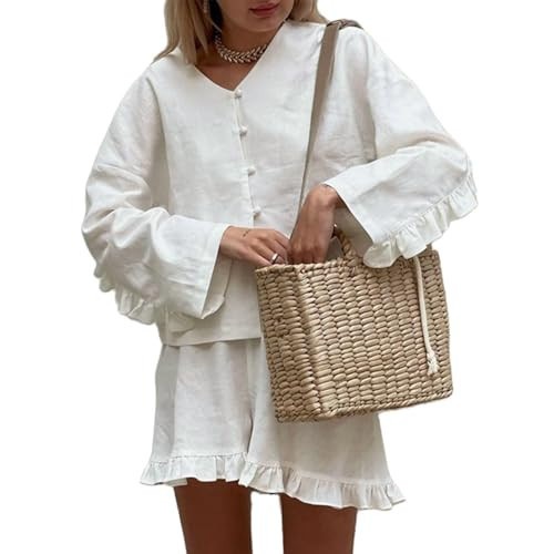 XBTCLXEBCO Linen Shorts Outfits Women 2 Piece Set Tie Front Long Sleeve Shirt and Ruffle Shorts Lounge Matching Set Tracksuit(Ruffle White, Small) | Amazon (US)