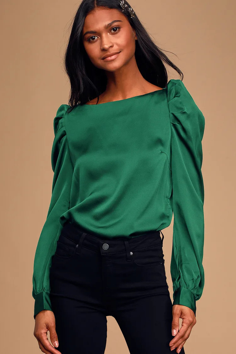Green Satin Long Sleeve Top | xmas christmas dinner outfit Christmas Eve outfit | Lulus (US)