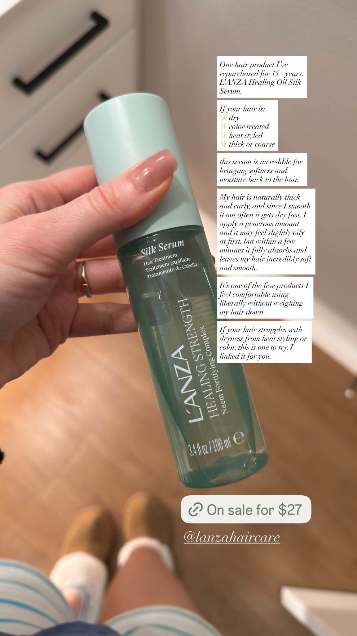 @lanzahaircare  One hair product I’ve repurchased for 15+ years:
L’ANZA Healing Oil Silk Serum.

If your hair is:
✨ dry
✨ color treated
✨ heat styled
✨ thick or coarse

this serum is incredible for bringing softness and moisture back to the hair.

My hair is naturally thick and curly, and since I smooth it out often it gets dry fast. I apply a generous amount and it may feel slightly oily at first, but within a few minutes it fully absorbs and leaves my hair incredibly soft and smooth.

It’s one of the few products I feel comfortable using liberally without weighing my hair down.

If your hair struggles with dryness from heat styling or color, this is one to try. I linked it for you.