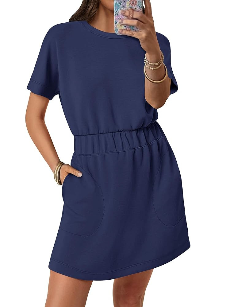 ANRABESS Womens Dresses 2025 Summer Casual Short Sleeve Crew Neck Elastic Waist Mini T Shirt Dres... | Amazon (US)