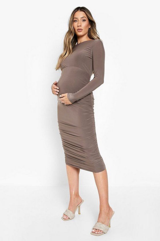 Maternity Ruched Long Sleeve Midi Dress | Boohoo.com (US & CA)