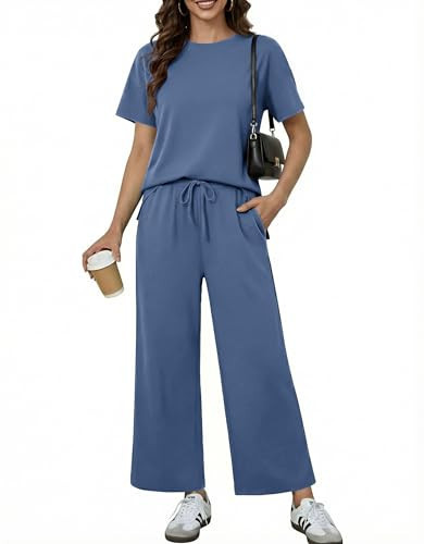 PINSPARK Travel Lounge Sets for Women 2 Piece Outfits Short Sleeve Crewneck Sweatsuit with Drawstring Pocket Wide Leg Pants Vacation Outfits,Blue Medium | Amazon (US)
