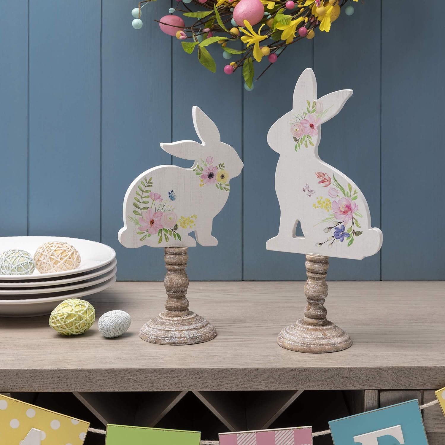 glitzhome 2 Pack Easter Bunny Table Décor Easter Rabbit Tabletop Wooden Signs Hand Painted Craft... | Amazon (US)