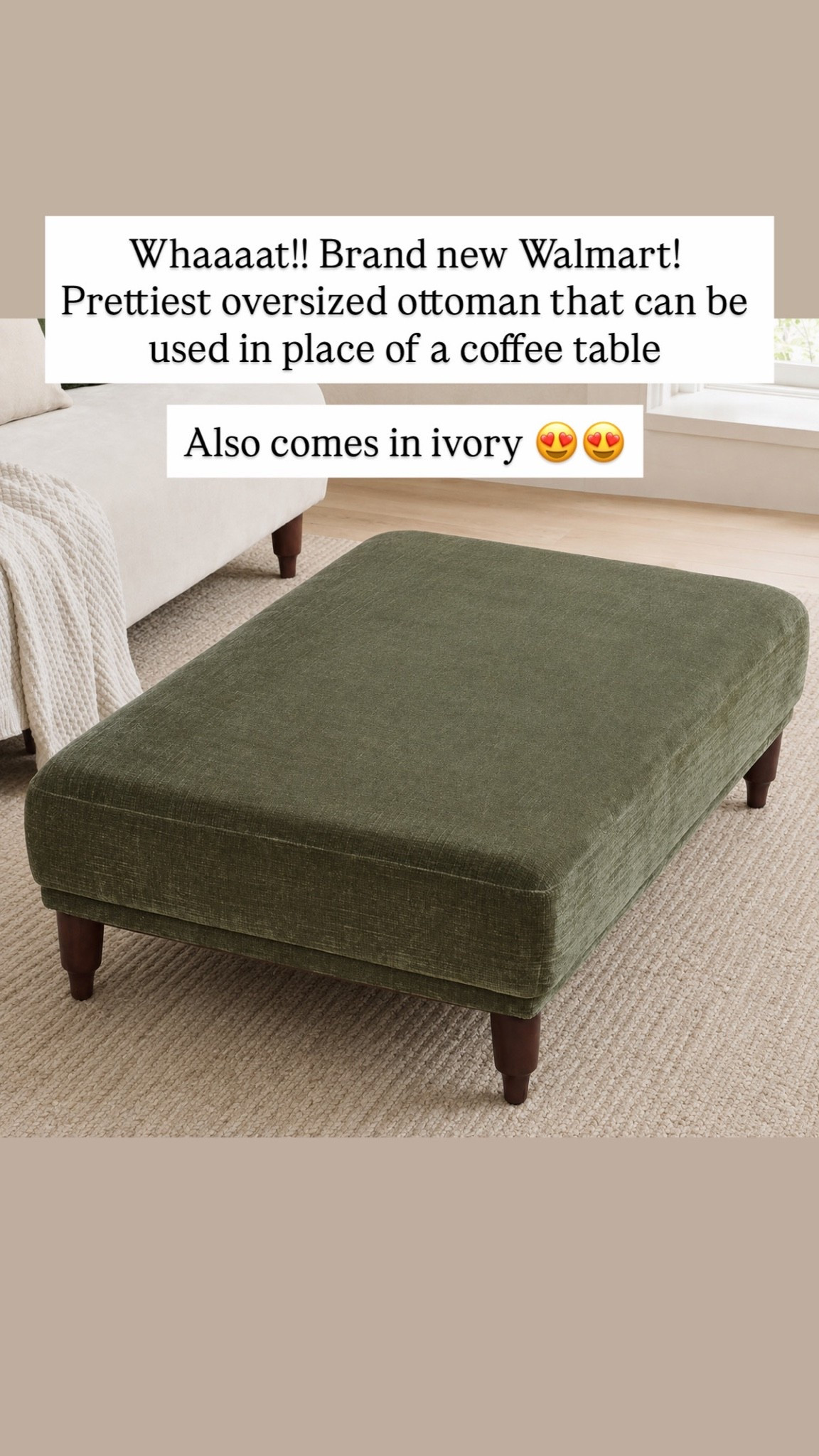 Whaaaat!! Brand new Walmart! Prettiest oversized ottoman that can be used in place of a coffee table

Also comes in ivory 😍😍