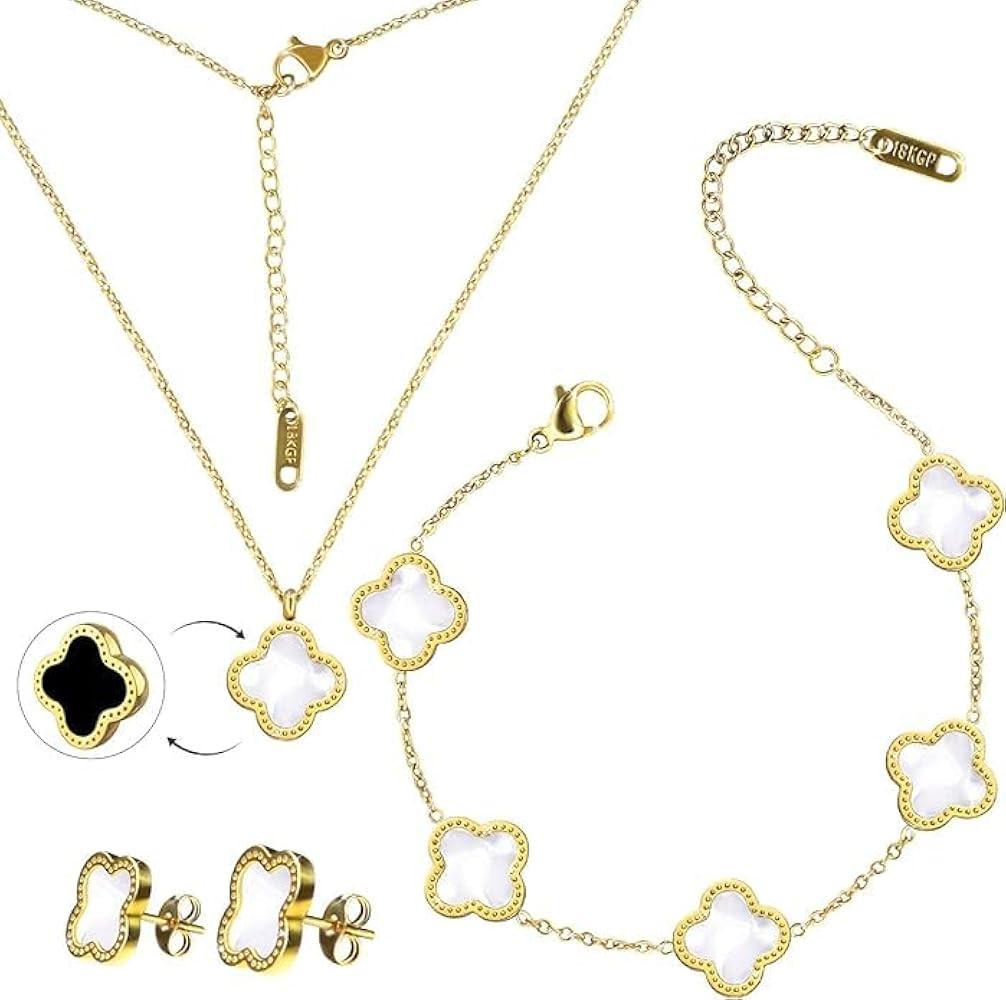 OSIRIDEH2 Clover Jewelry Set 18K Gold Plated Stainless Steel Necklace with Flower Design Four lea... | Amazon (US)