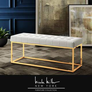 Nicole Miller Koa White/Gold PU Leather Bench with Button Tufted Metal Frame-NBH116-01WG-HD - The... | The Home Depot