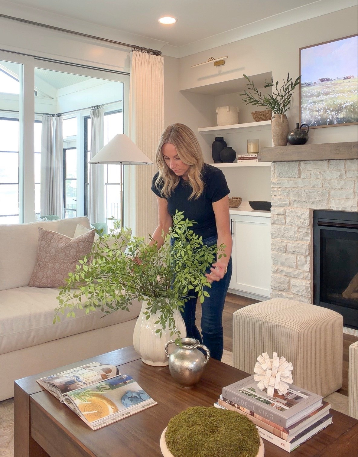 The viral faux stems, people keep buying year after year! I love these! So versatile and can use throughout the year!

Living room, frame tv, fireplace inspo, fireplaces styling, mantle styling, fireplace stone, living room design, modern Classic home, neutral sofa, modern sofa, modern coffee table, wood coffee table 

#LTKHome