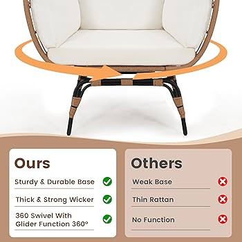 Oversized 360 Swivel Rattan Egg Chair for Adult, Indoor Outdoor Patio Large Wicker Egg Chair with... | Amazon (US)
