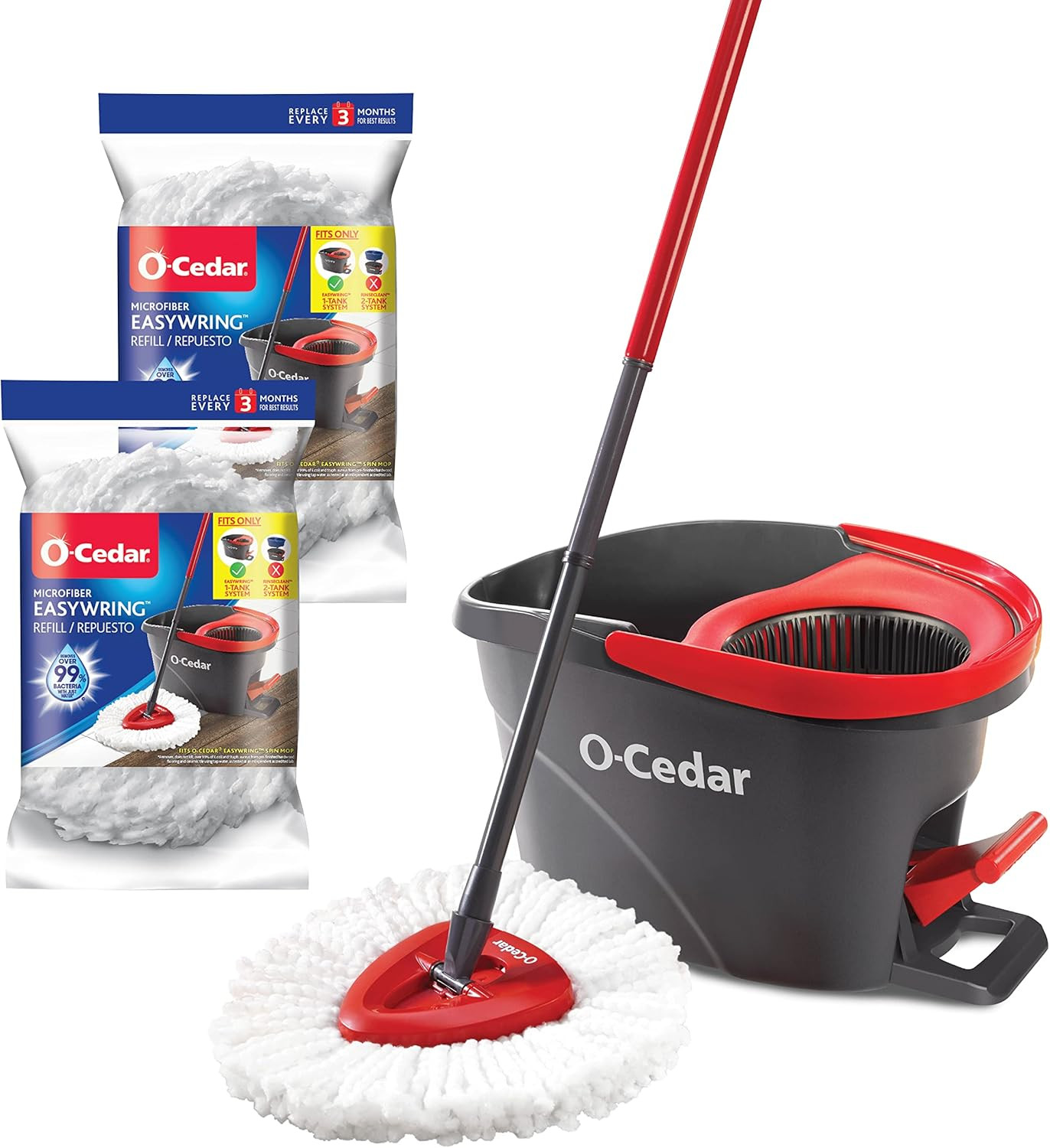 O-Cedar EasyWring Microfiber Spin Mop & Bucket Floor Cleaning System + 2 Extra Refills, Red/Gray | Amazon (US)