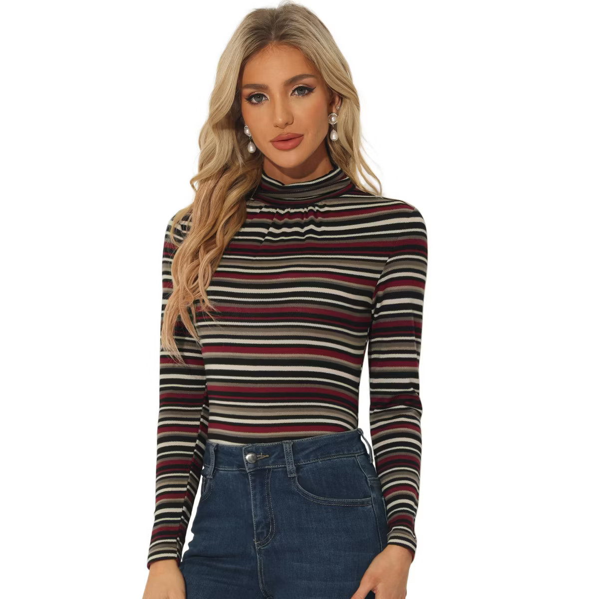 Allegra K Women's Turtleneck Long Sleeve Stretch Slim Plaid Casual Blouse | Target