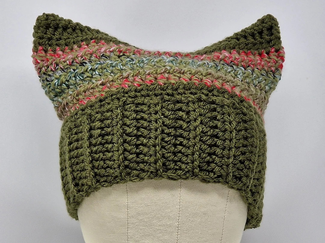 Handmade Crochet Cat Hat, Cat Ear Beanie, Cat Ear Hat in Khaki With Red and Green Marble - Etsy U... | Etsy (UK)
