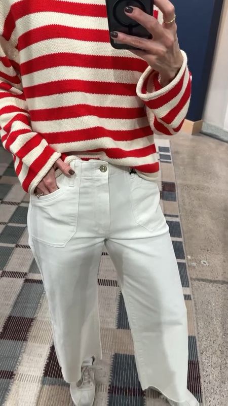 Spring transition look: red and white striped sweater, white wide-leg cropped utility jeans, sneakers. Sweater is sooo cute and would be perfect for the 4th! All tts. 

#LTKSeasonal #LTKover40 #LTKstyletip