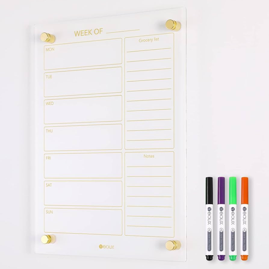 Clear Glass Weekly Dry Erase Calendar & Menu Non-Magnetic Whiteboard for Wall, Meal Plan & Grocer... | Amazon (US)