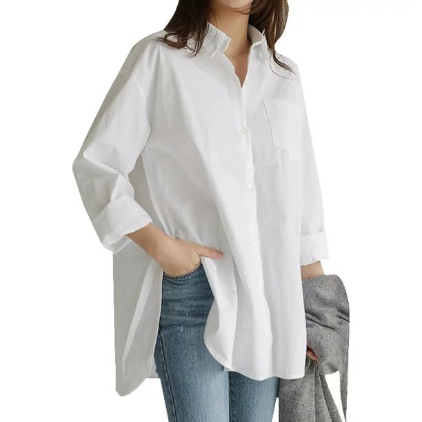 Women Long Sleeve Buttons Shirt Tops Turn Down Collar Loose Blouse | Walmart (US)