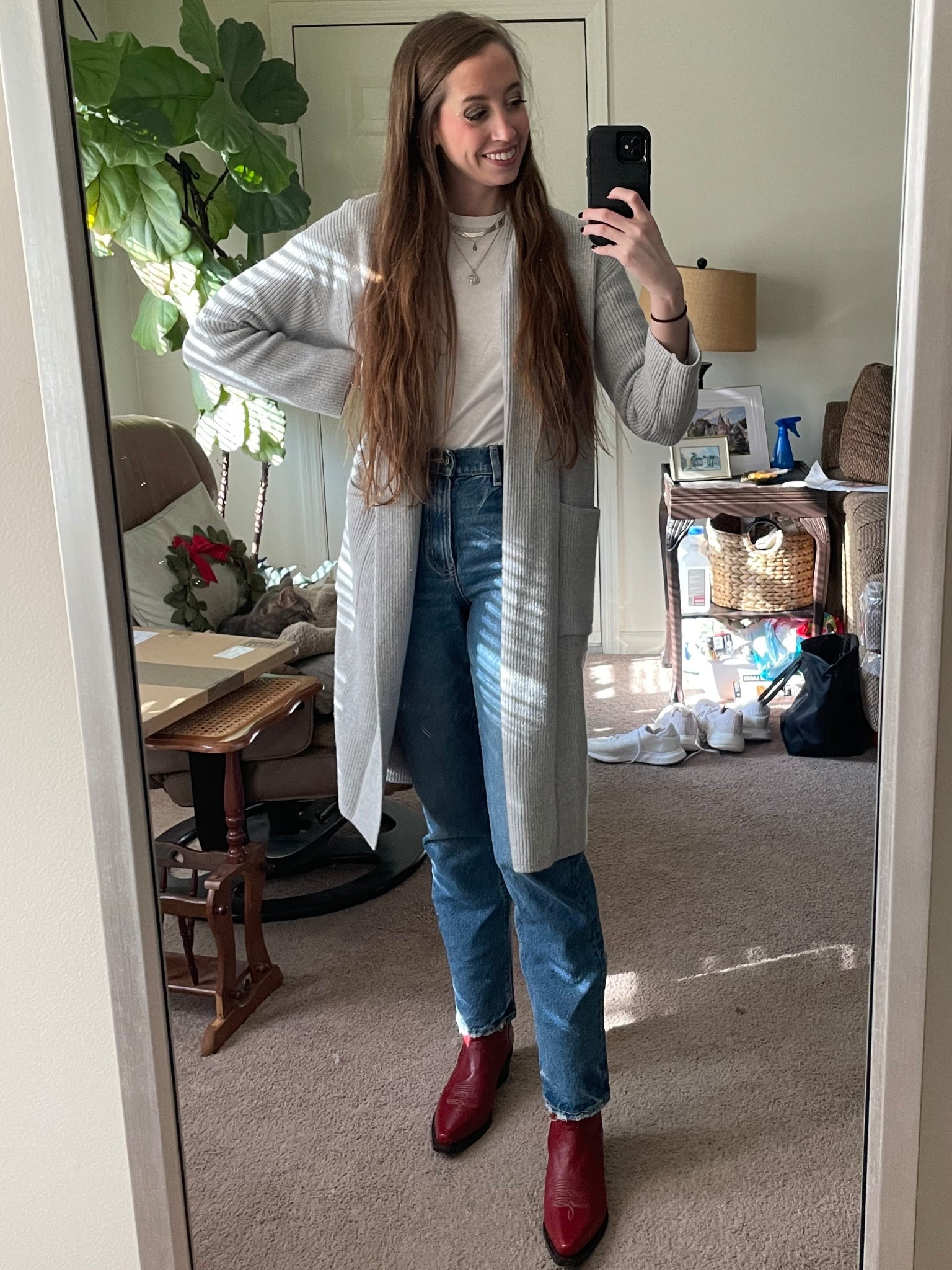 Casual winter outfit - everything is true to size! 

Red cowboy boots 
Gray cardigan
White long sleeve tee shirt 
Straight jeans 

#LTKFindsUnder50 #LTKSeasonal #LTKFindsUnder100