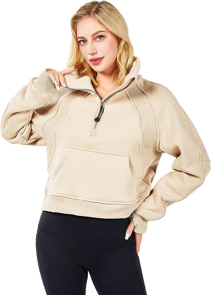 XWEAIJ Women's Long Sleeve Short Pullover Half Zip Stand Collar Crop Sweatshirt Fleece Lined Thum... | Amazon (US)