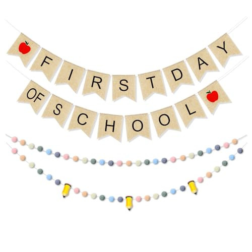 Mindsoft 4 Pcs 9.84 ft First Day of School Banners Decorations Set, Felt Pencil Ball Garland Colorful Pompom Garland Bunting Burlap Flag Banner for Classroom Back to School Backdrop(Morandi) | Amazon (US)