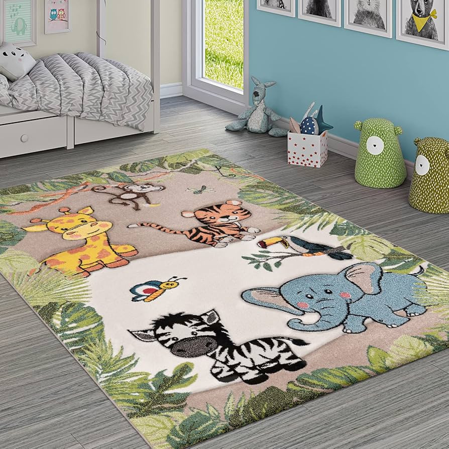Paco Home Nursery Rug for Kids - Jungle Animals Giraffe Lion Monkey in Beige, Size:4'7" x 6'7" | Amazon (US)