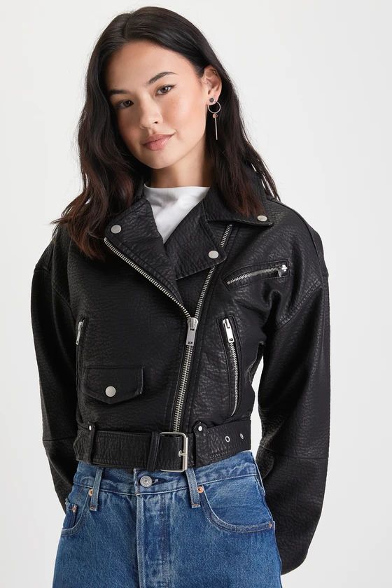 Open Road Black Textured Vegan Leather Cropped Moto Jacket | Lulus (US)