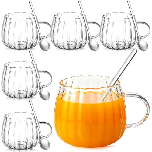 Layhit 6 Sets Pumpkin Shaped Glass Coffee Mugs with Spoons 13.5 oz Clear Tea Cups with Handle Mini Spoons for Milk, Latte, Cappuccino, Espresso, Cold or Hot Drinks | Amazon (US)