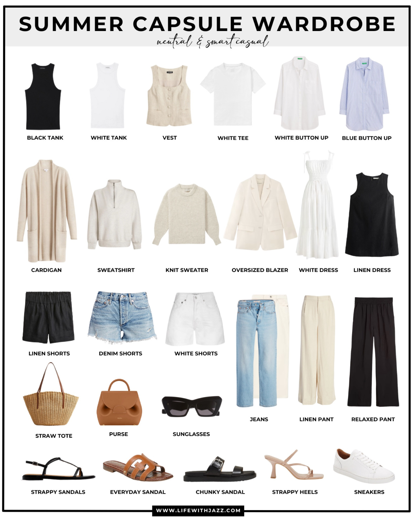 Summer capsule wardrobe ☀️ PT. 4: accessories  
 
Tanks / vest / tee / white button up / blue button up / cardigan / sweatshirt / knit sweater / blazer / white dress / black dress / linen shorts / blue denim shorts / white denim shorts / light blue jeans / white jeans / dressy linen pants / relaxed pants / straw tote / Polene purse / Loewe sunglasses / sandals / chunky sandals / strappy heels / sneakers 

#LTKSeasonal