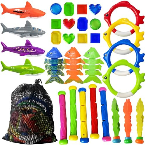 Jasonwell Pool Diving Toys Games - 31 PCS Swimming Pool Toys for Kids Teens with Diving Rings Dive Sticks Underwater Treasures Torpedo Bandits Fish Toy etc Fun Water Swim Toy for Boys Girls Adults | Amazon (US)