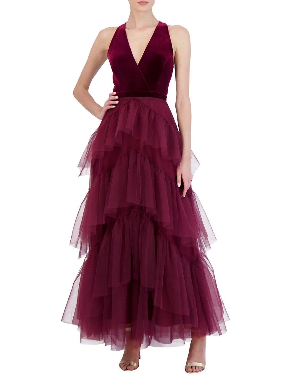 BCBGMAXAZRIA V-Neck Ruffle Long Evening Dress | Saks Fifth Avenue