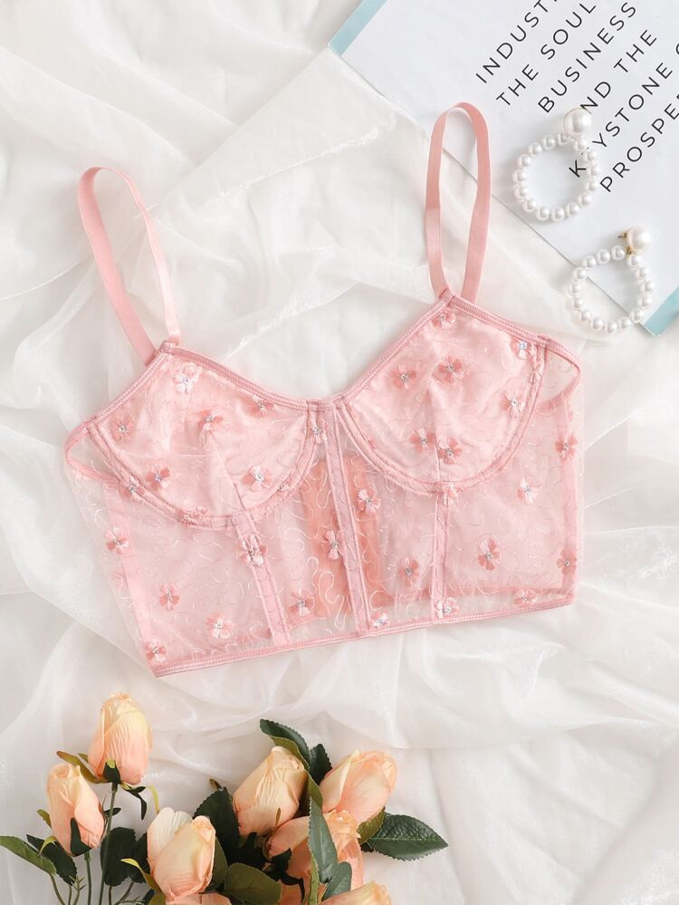 Embroidery Mesh Underwire Bra | SHEIN