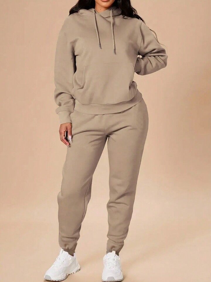 SHEIN Slayr Ladies' Solid Color Hoodie And Sweatpants Tracksuit Set With Drawstring | SHEIN